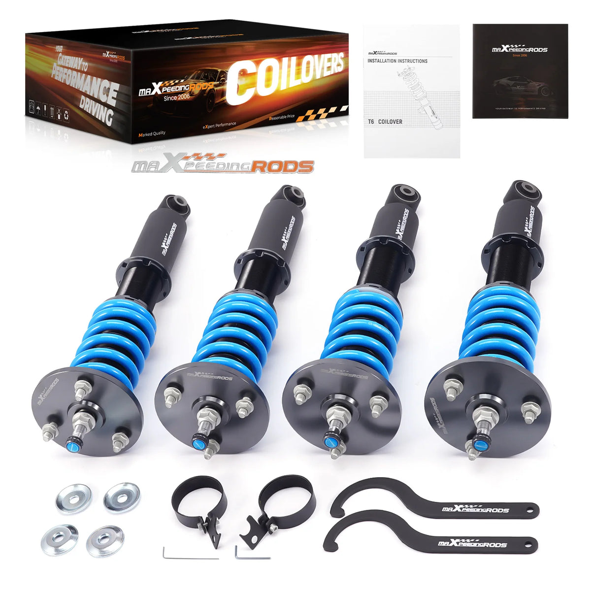 MaXpeedingrods T6 coilovers with black bodies and blue springs for the 1991-2005 Acura NSX