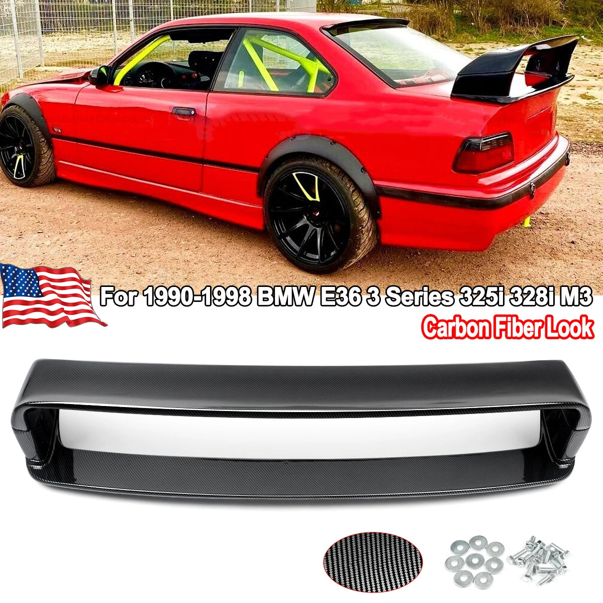 GT-style carbon fiber look ABS rear trunk spoiler wing for the BMW 3 Series E36 coupe and sedan