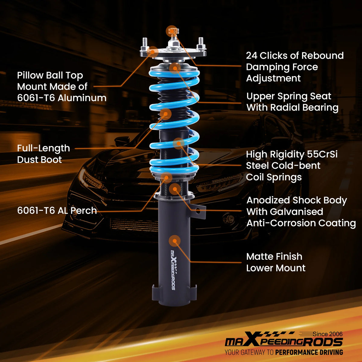 MaXpeedingrods T6 Coilovers, 24-Way Damping, for Mitsubishi Galant and Legnum VR-4 EC5A/EC5W 1999-2003, 2.5L V6