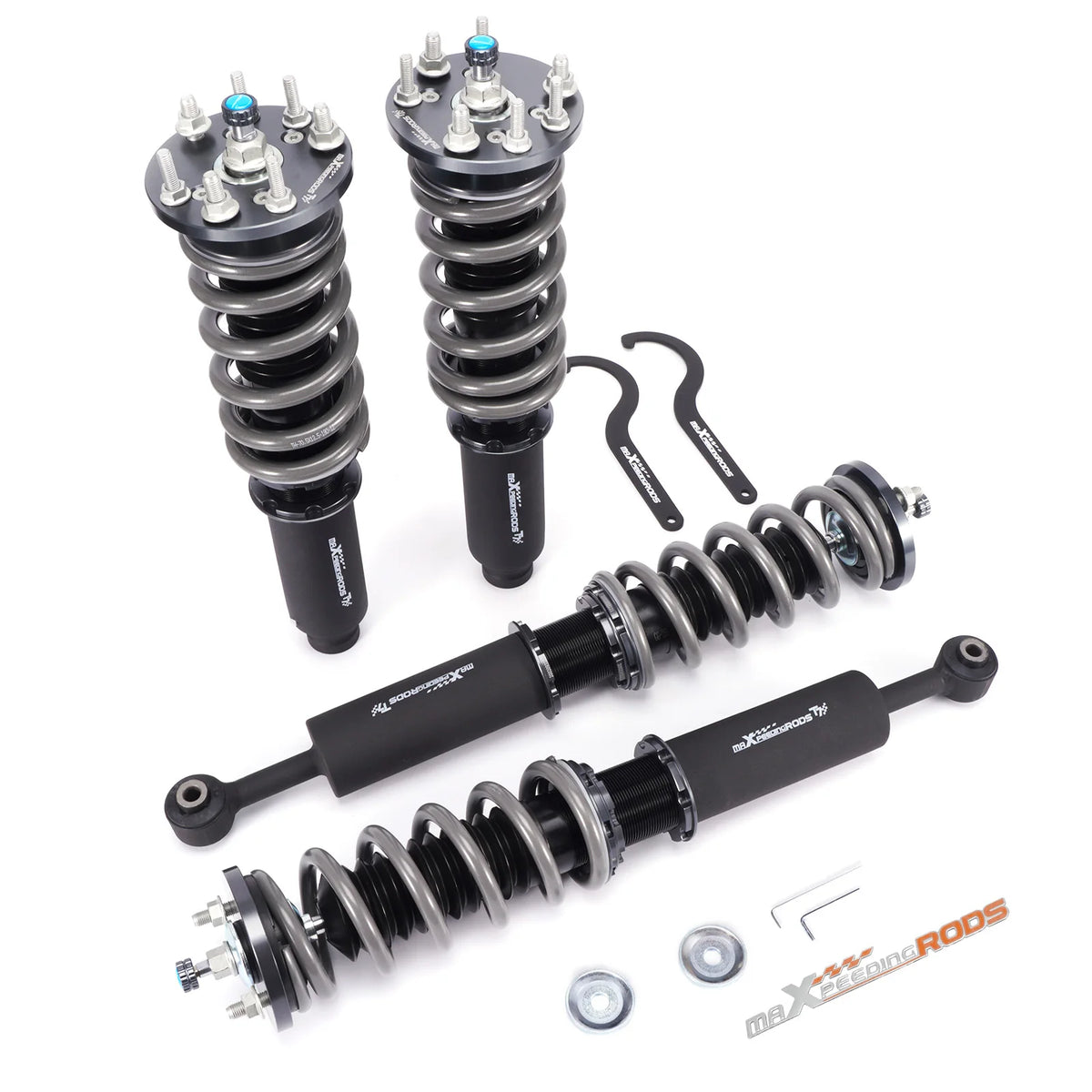 MaXpeedingrods T7 coilovers with black bodies and grey springs for Acura TL UA6 and Honda Accord
