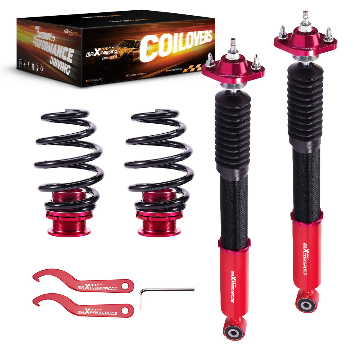 Pair of red rear coilovers with black springs for the BMW 3 Series E46