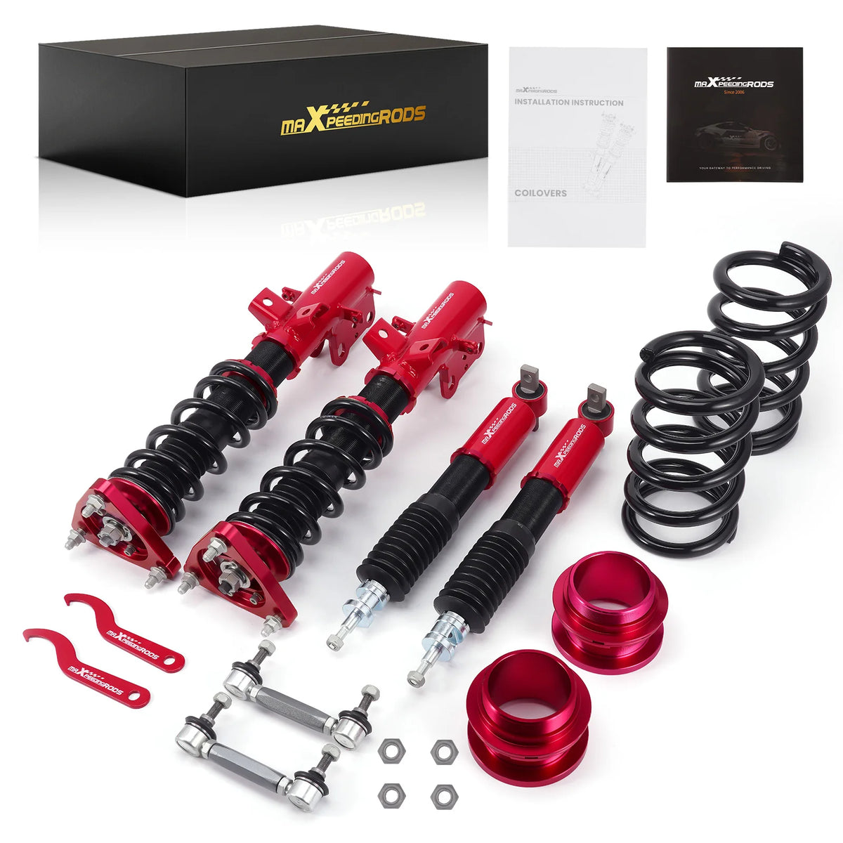 MaXpeedingrods street coilovers with red bodies and black springs for 2015-2023 Ford Mustang S550