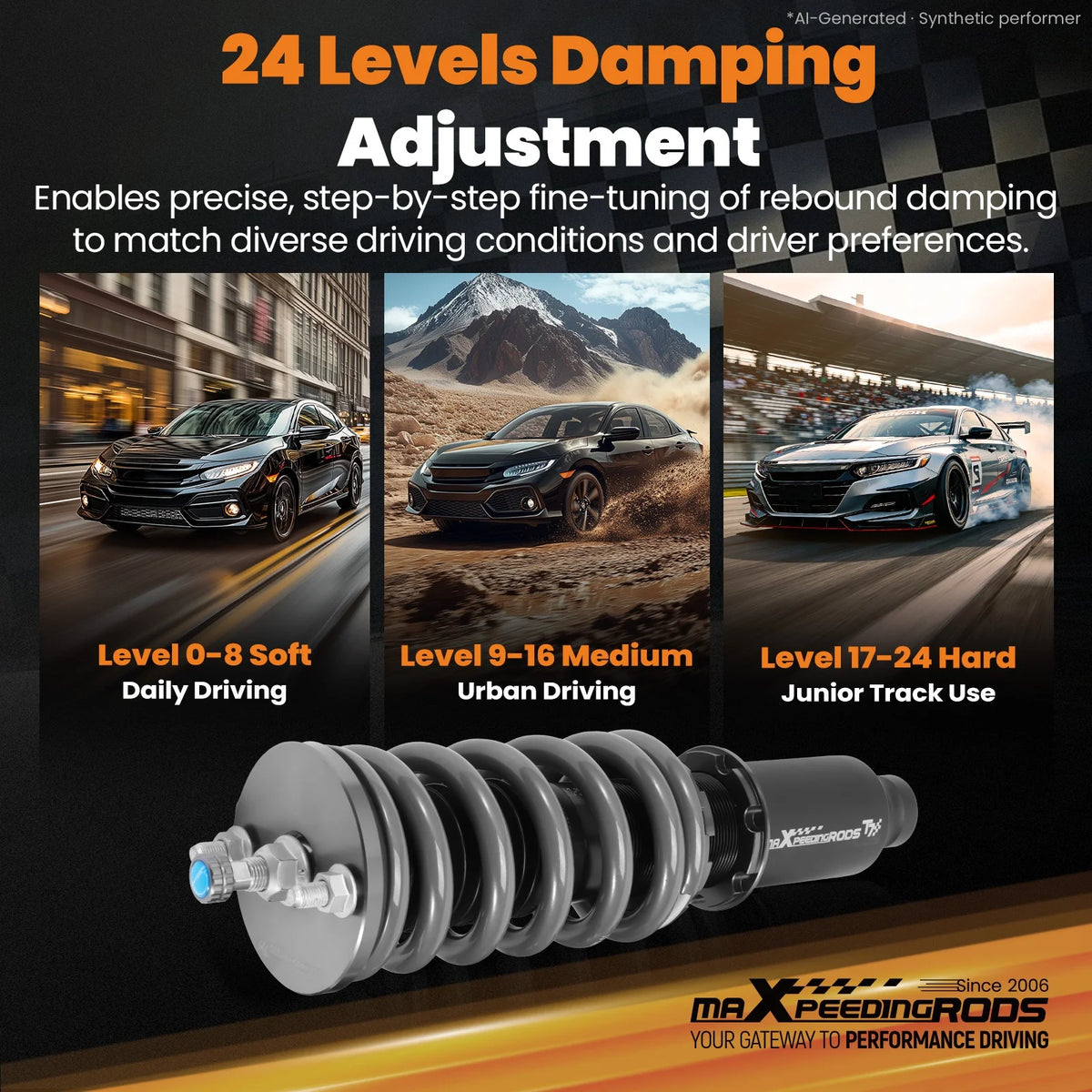 MaXpeedingrods T7 Coilovers for Honda Civic EJ EK EM 1996-2000, Civic, CR-X and Acura Integra, 24-Way Damping