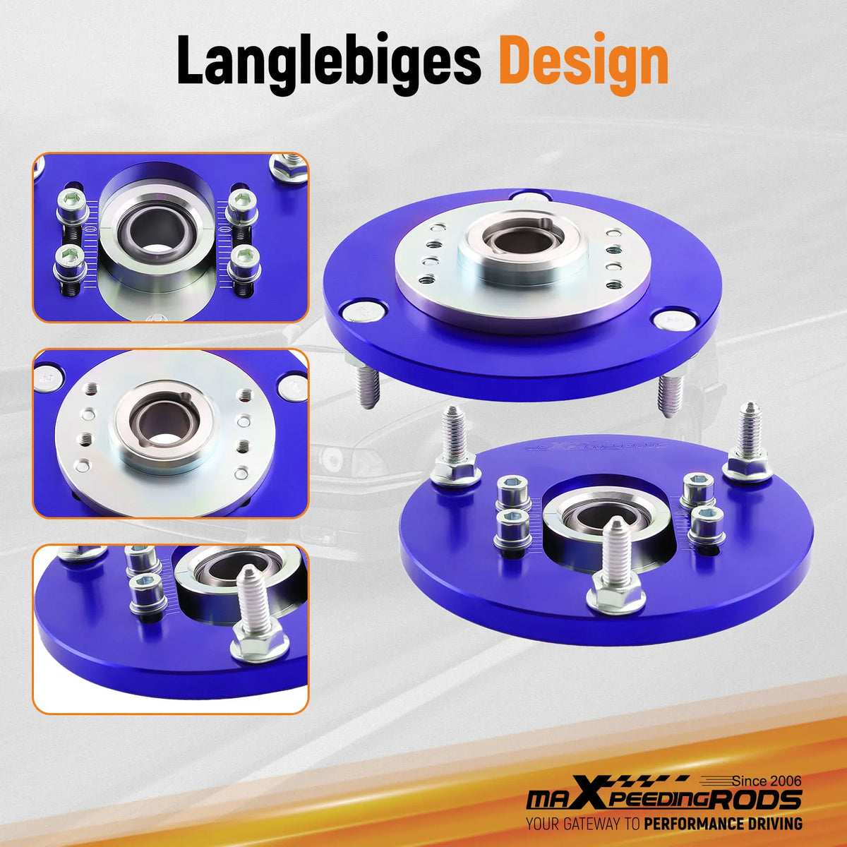 Pair of blue adjustable pillow ball front camber plates for the BMW 3 Series E46