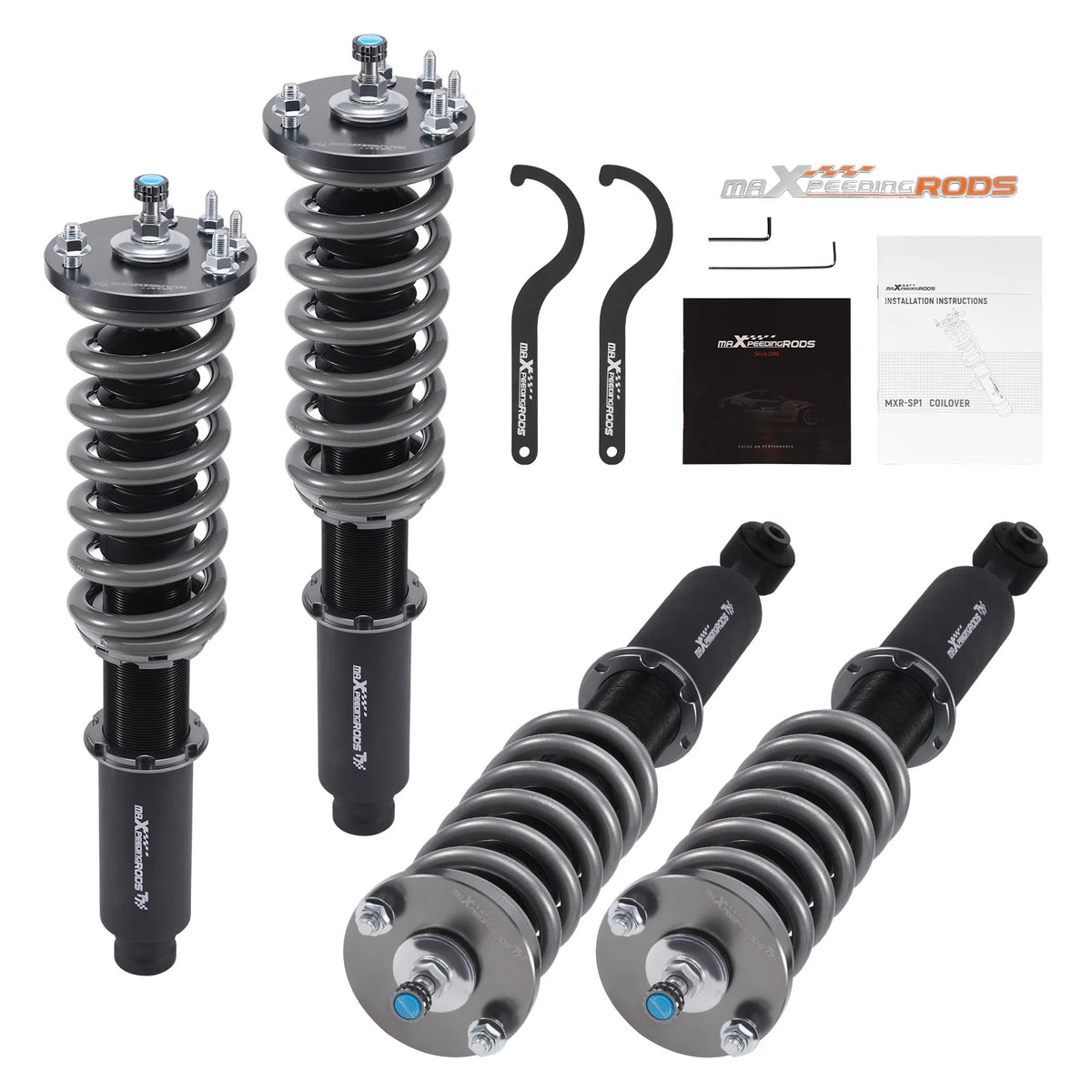MaXpeedingrods T7 coilovers with grey springs and black bodies for 1998-2002 Honda Accord CG and Acura TL, CL