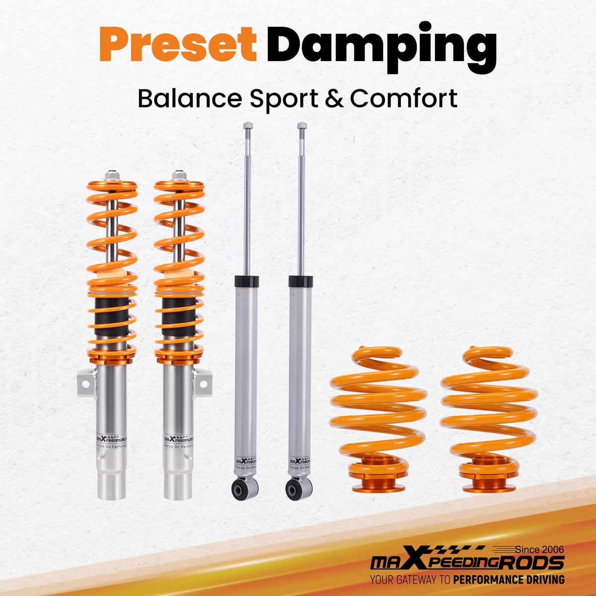 Front and rear height-adjustable street coilover set for the BMW 3 Series E46