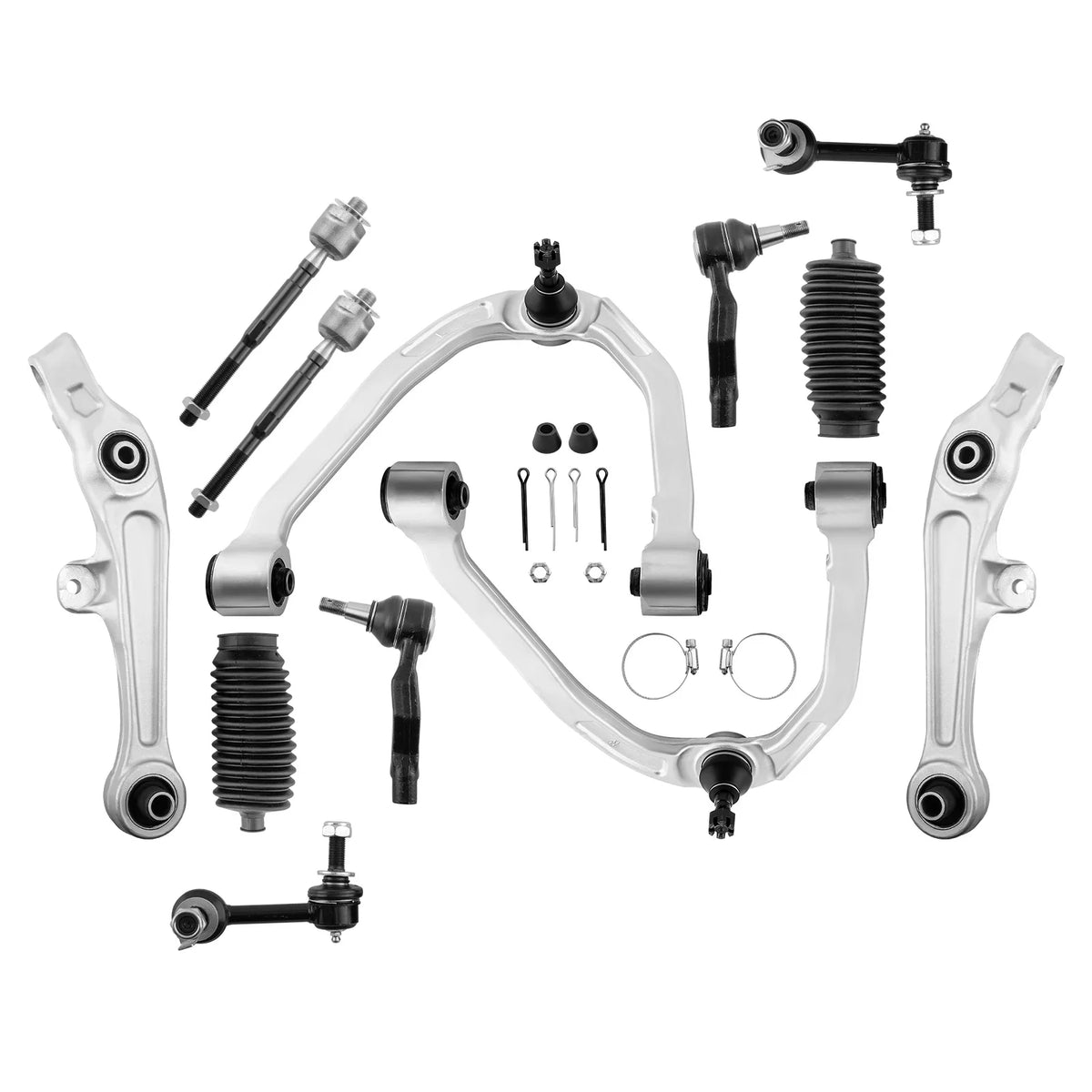 12-piece front upper and lower control arm kit with tie rods for Nissan 350Z and Infiniti G35