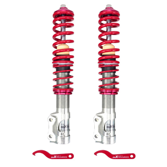 Pair of MaXpeedingrods silver front coilovers with red springs for 1993-1998 VW Jetta III and Vento