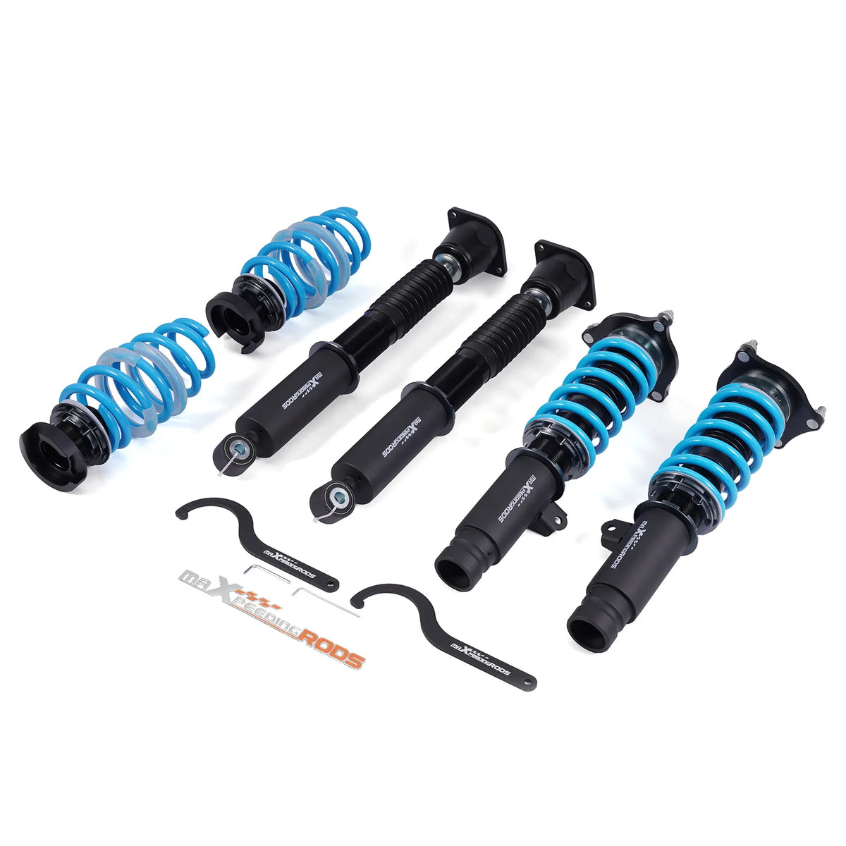 MaXpeedingrods T6 coilovers in black with blue springs for the 2016-2021 Honda Civic hatchback FK