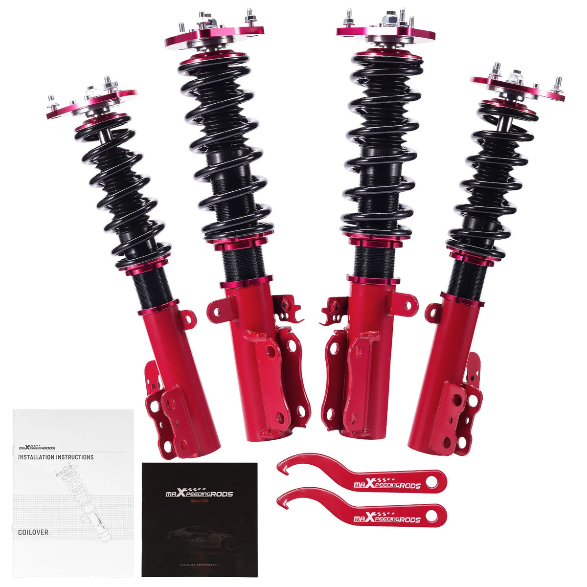 MaXpeedingrods coilovers with red bodies and black springs for 2002-2006 Toyota Camry and Lexus ES