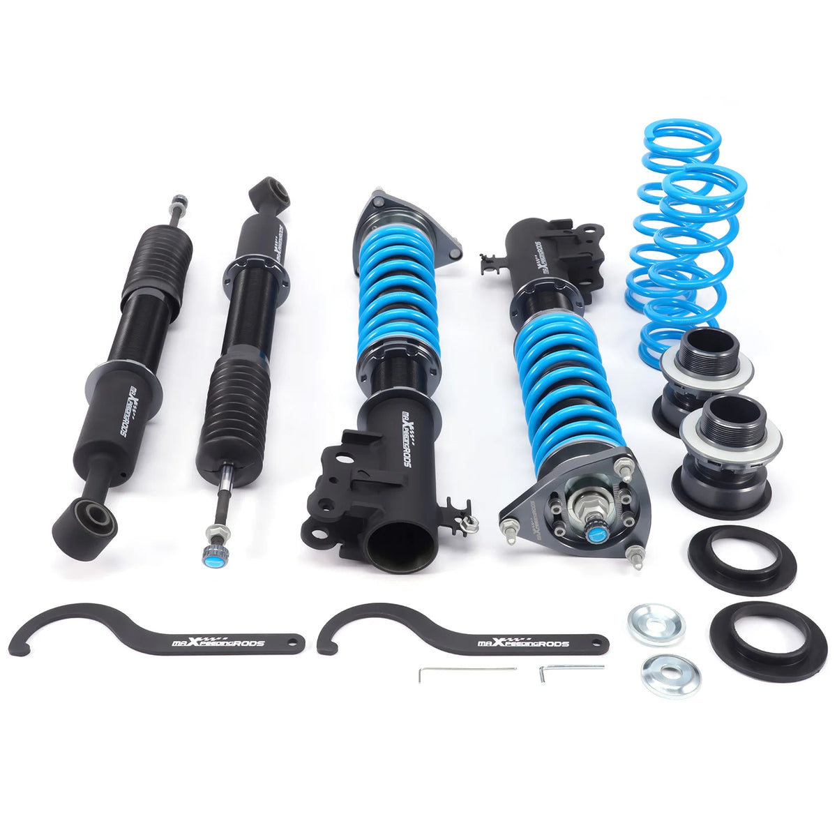 MaXpeedingrods T6 coilovers in black with blue springs for the Scion xB and Toyota Echo XP10