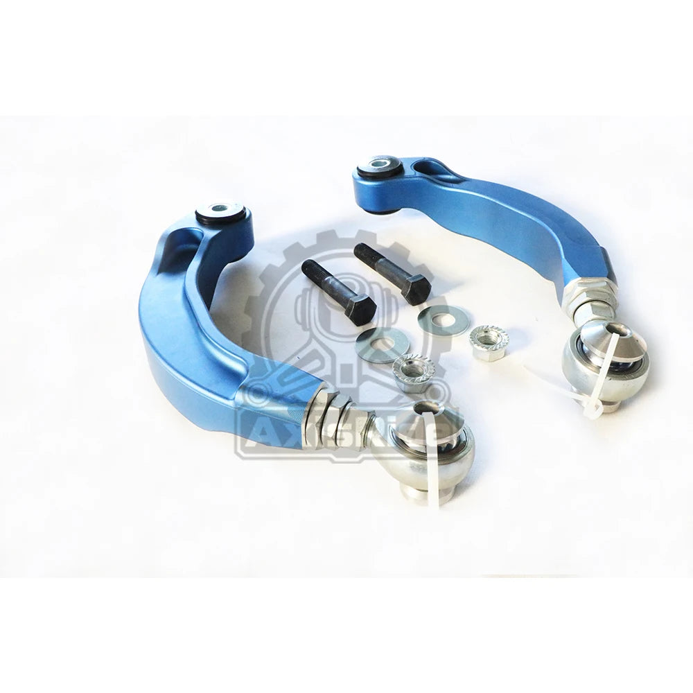 Pair of adjustable billet aluminum rear camber arms with spherical bearings for Ford Mustang S550