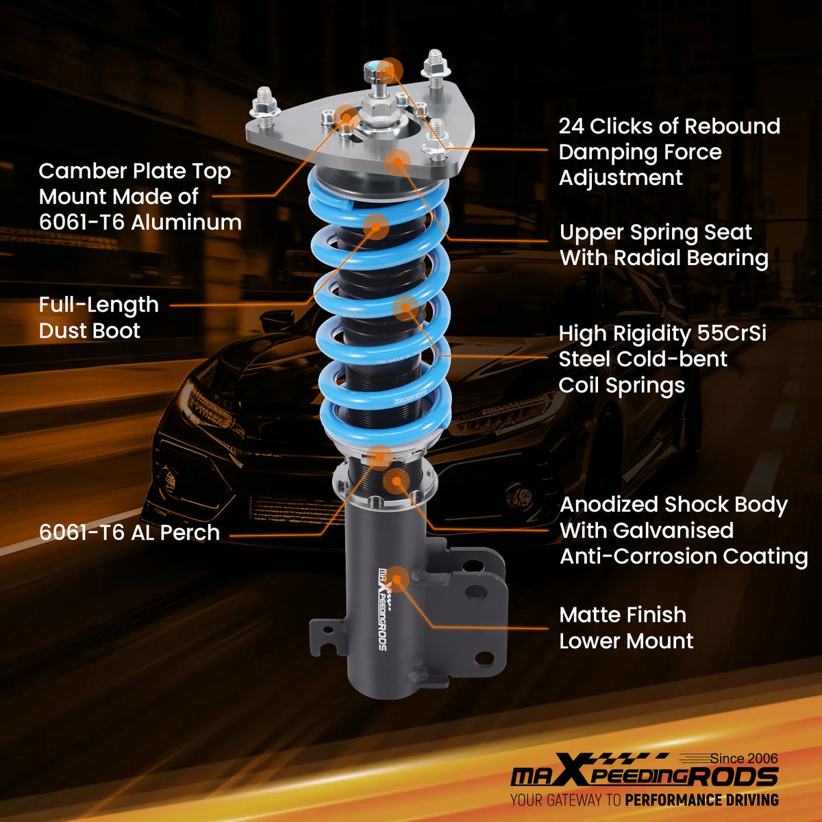 MaXpeedingrods T6 Coilovers for Subaru Forester SJ 2014-2018, 24-Way Adjustable Damping, Camber Plates