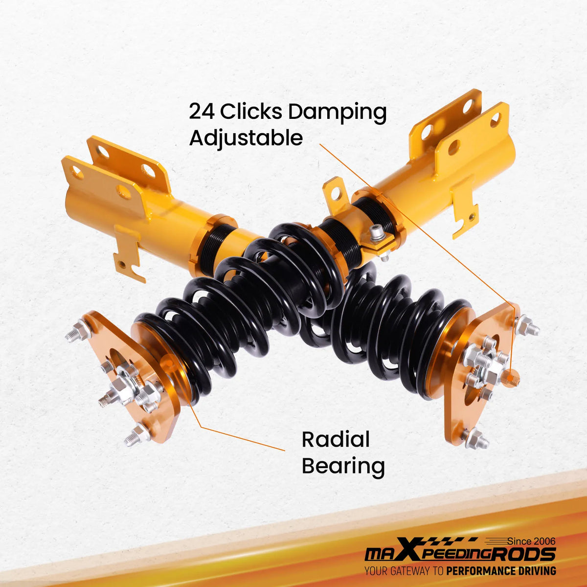 MaXpeedingrods coilovers with gold bodies and black springs for Toyota Corolla E120/E130 and Matrix XRS