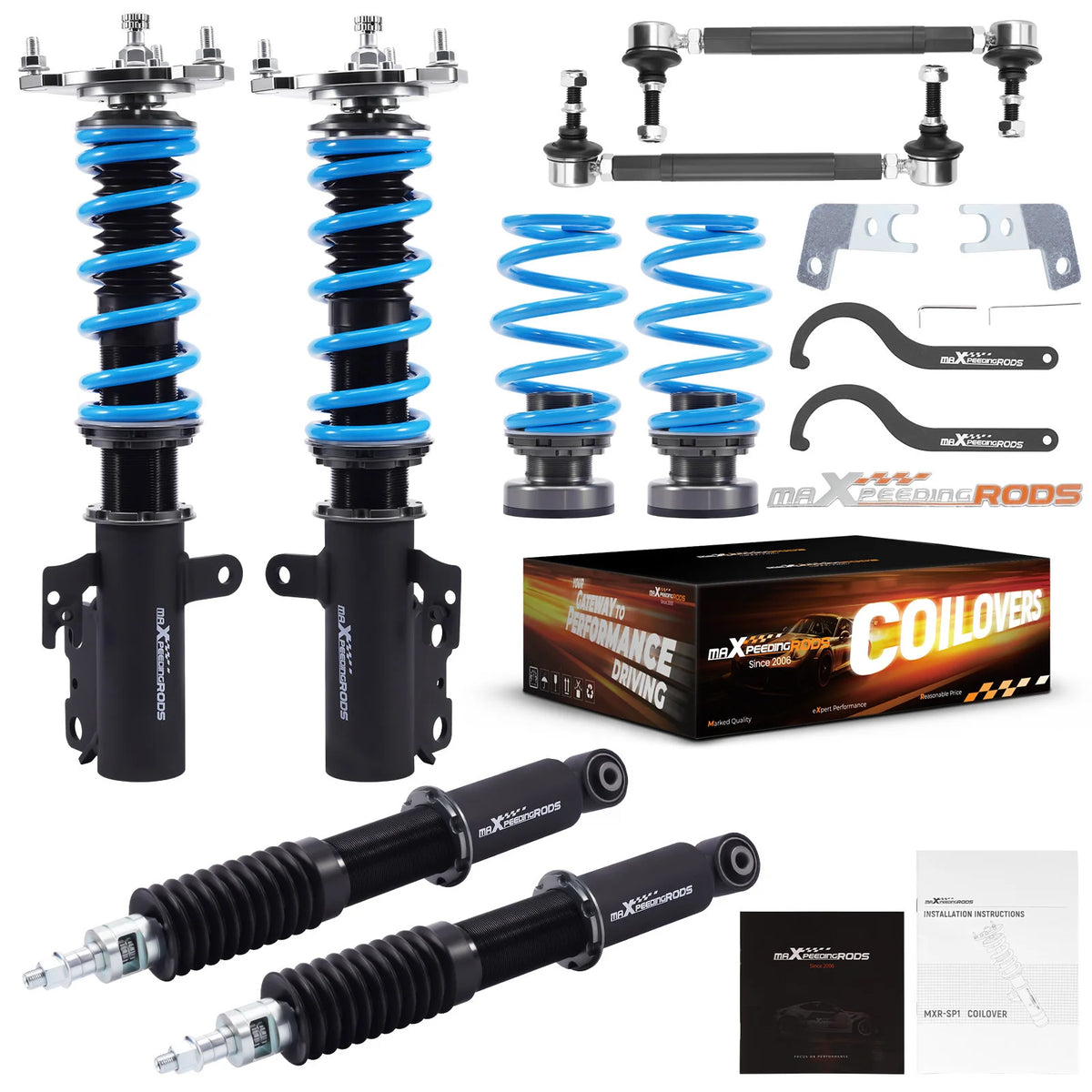 MaXpeedingrods T6 coilovers with front camber plates and blue springs for 2018-2024 Toyota Camry LE and XLE