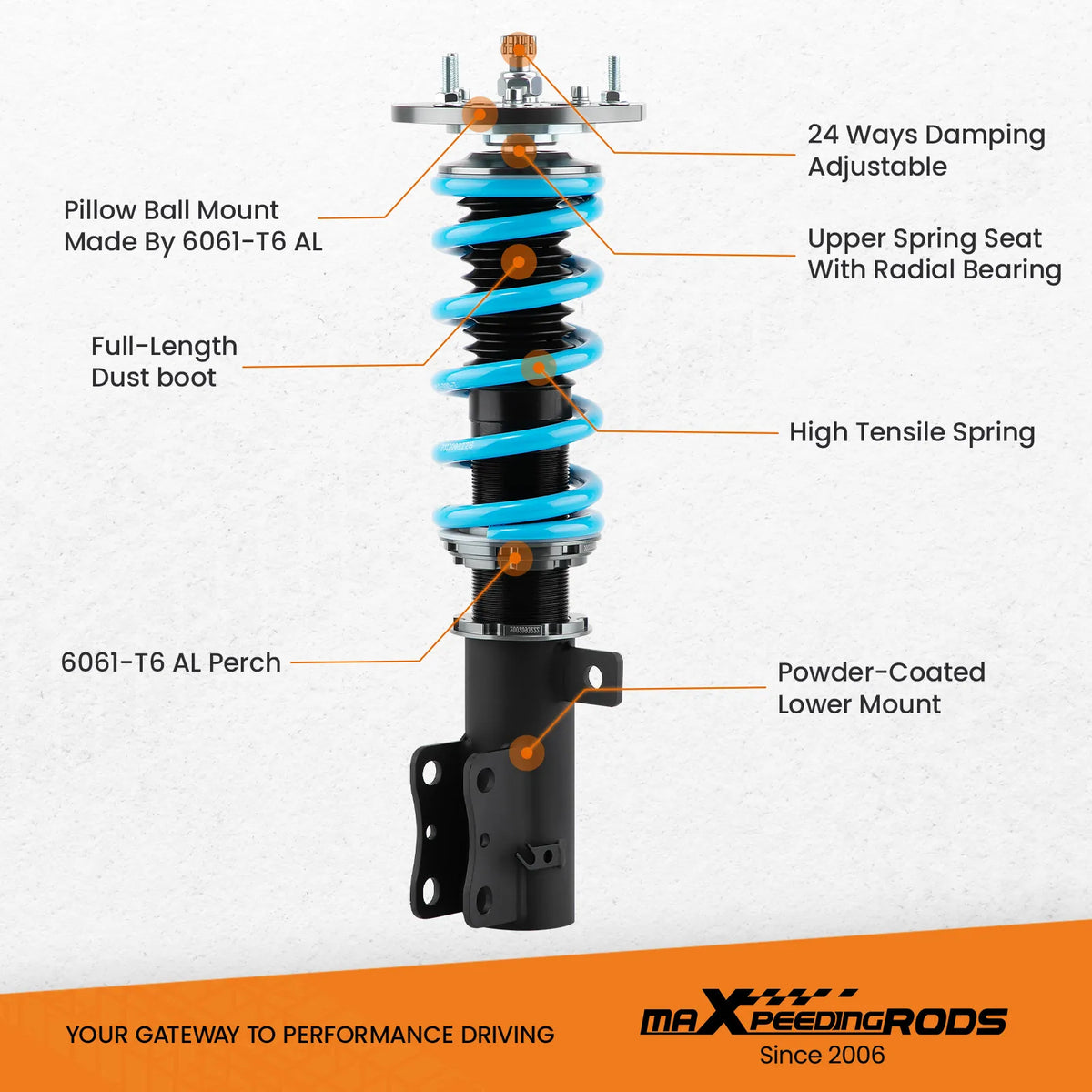 MaXpeedingrods T6 Coilovers for Chevrolet Cobalt 2005-2010, 24-Way Adjustable Damping, Camber Plates
