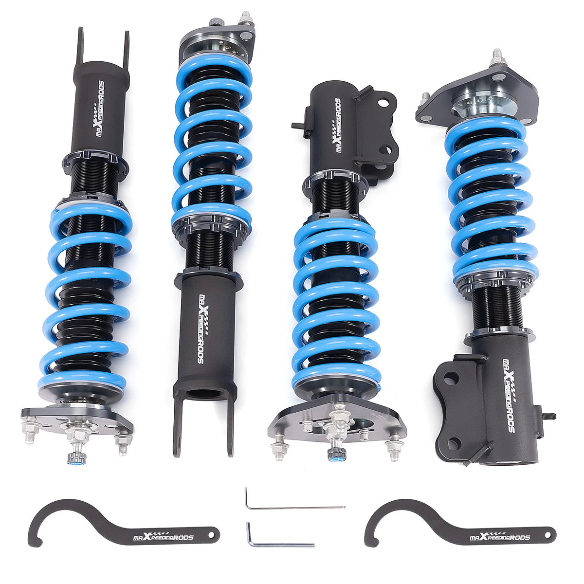 MaXpeedingrods T6 coilovers with camber plates and blue springs for Mitsubishi Lancer Evolution VII, VIII, IX CT9A
