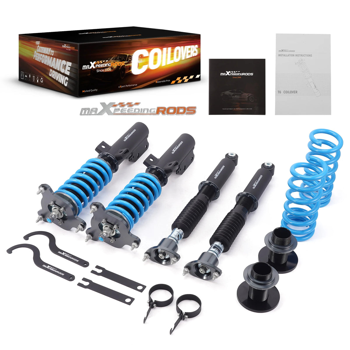 MaXpeedingrods T6 coilovers with front camber plates and blue springs for 2010-2016 Mercedes E-Class W212 4Matic