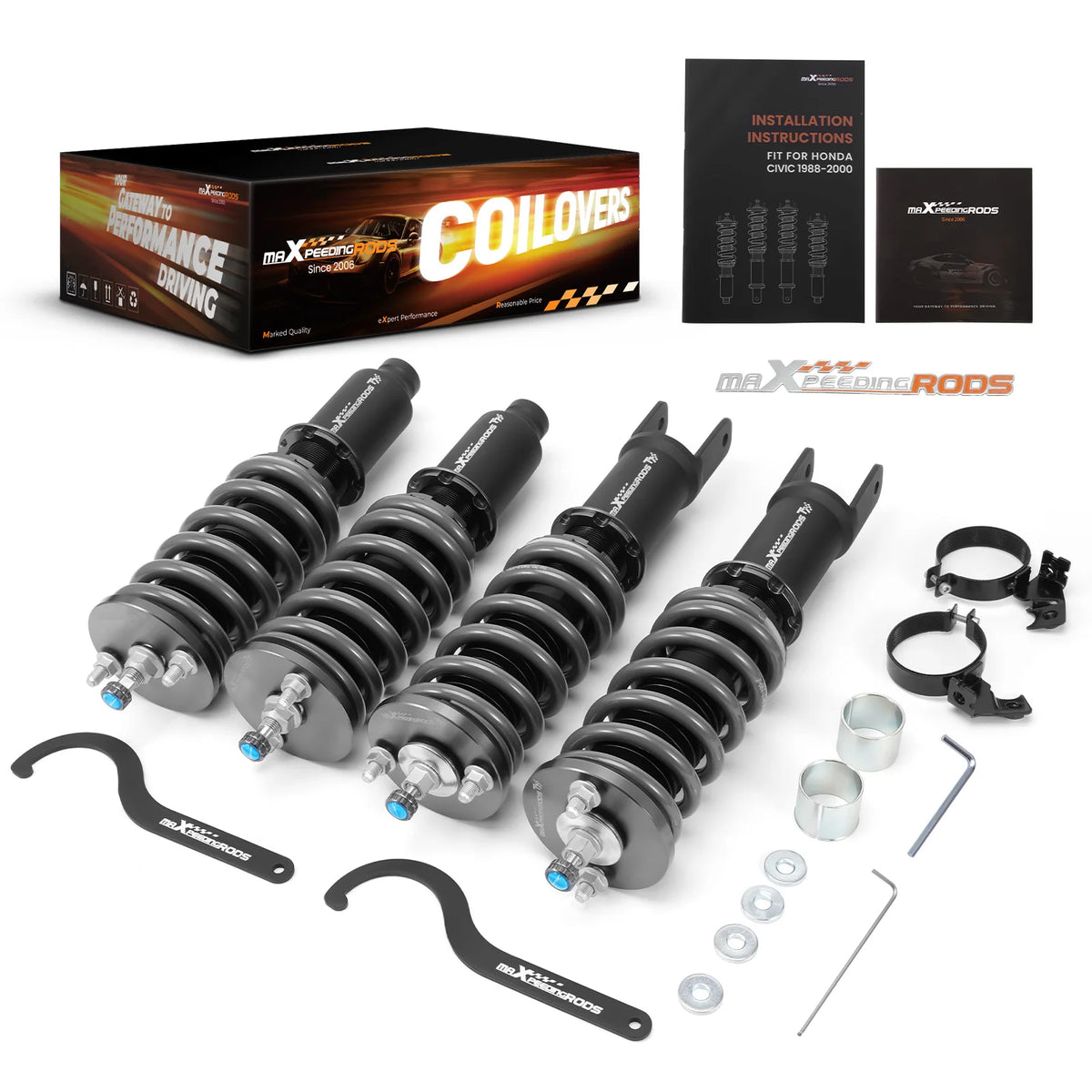 MaXpeedingrods T7 coilovers for the 1996-2000 Honda Civic EK and other fork-bracket Civic and Integra models